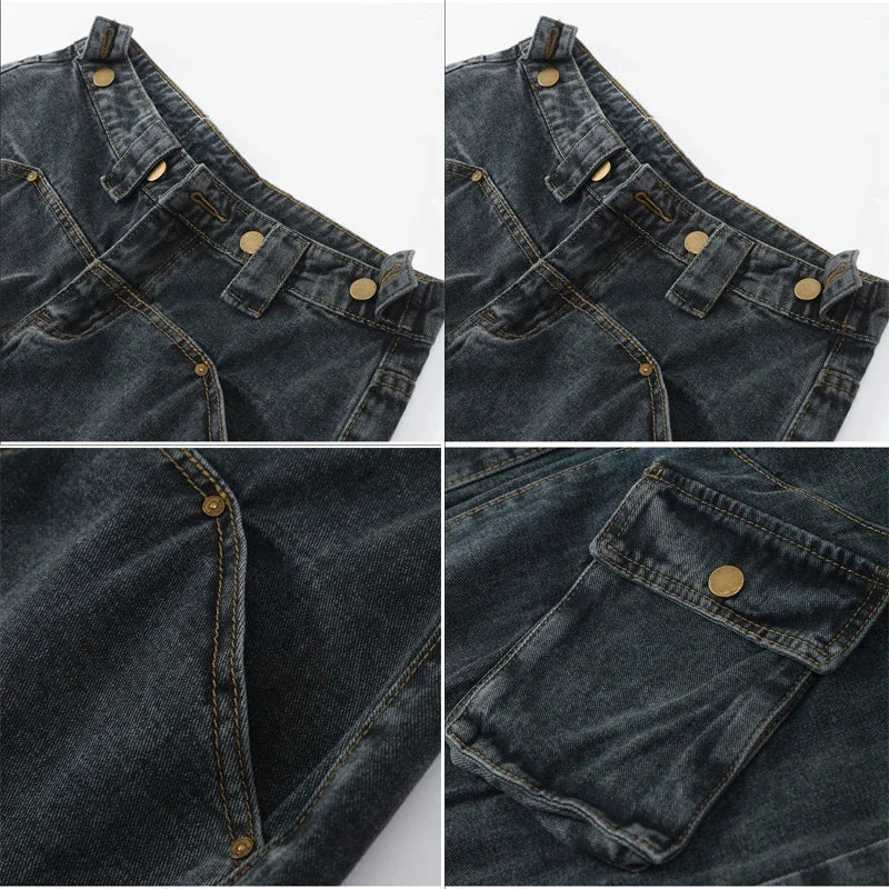 Women Big Pocket Oversize Loose Female Denim Pants  2023 Autumn Winter