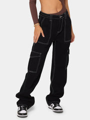 Women Baggy Cargo Jeans Lady High Waist Patchwork Pockets Wide Leg Oversized Pants