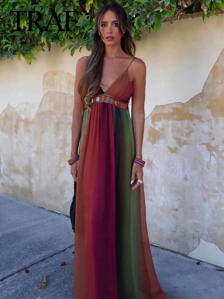 Evening Dresses: Elegant Dress Deep V Neck Spaghetti Strap Tie Dye Printed