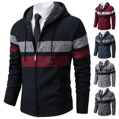 Striped Hooded Sweater Men's Coat with Velvet Padded Warm Knit Cardigan