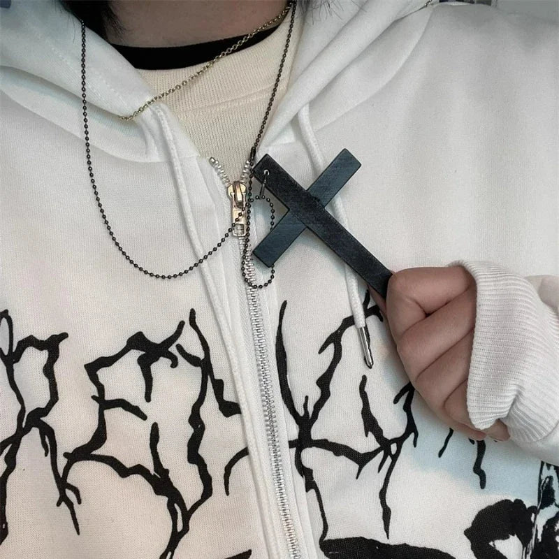 New Gothic Cool Y2K Wood Cross Pendants Necklaces Unisex Black White Red Hip Hop Charm Chain Choker Necklace Fashion Jewelry
