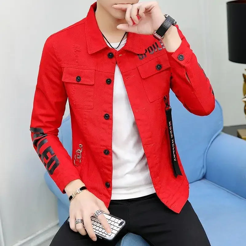 Denim Jackets Man Casual Slim Short Punk Red Jeans Coat for Men Rock