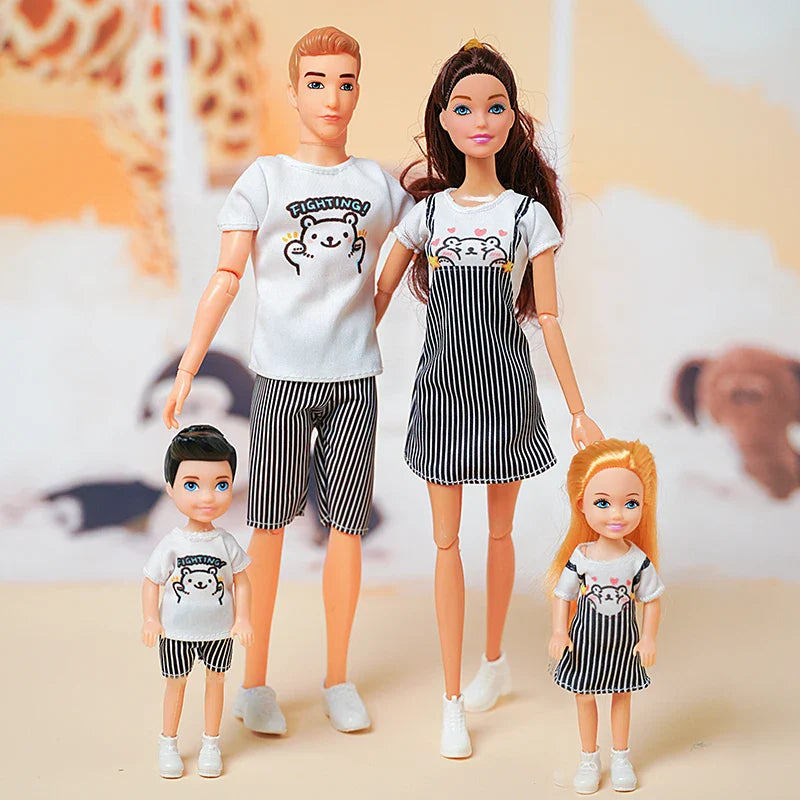 1/6  FamilyDoll Toy Set of 4 People Mom Dad Kids 30cm Barbies Doll Full Set With Clothes for Education Birthday Gift