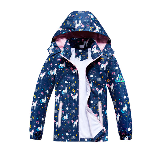 Girls Unicorn Rain Jackets with Removable Hood Lightweight Waterproof Windbreakers Raincoats