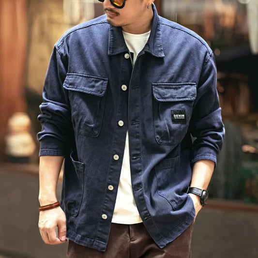 men's spring and fall American heavy retro denim jacket loose casual cargo jacket