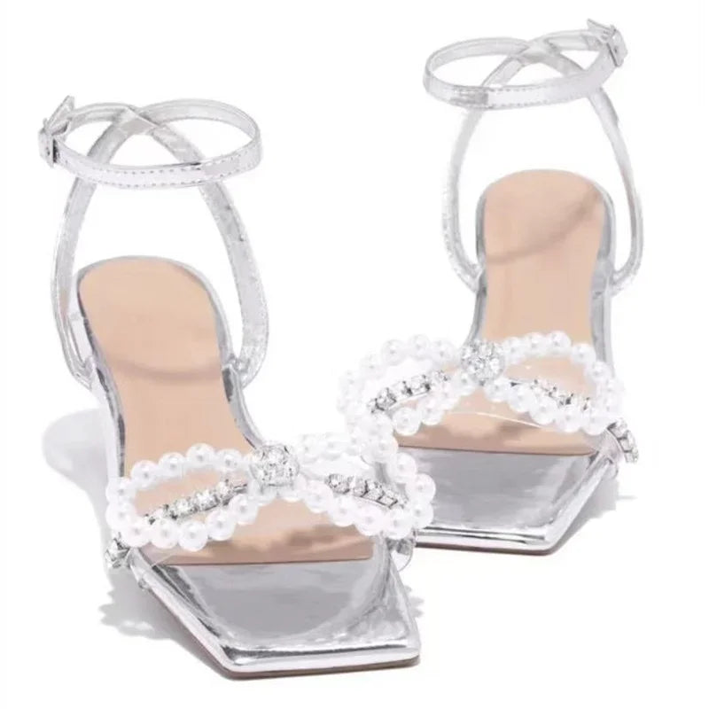 2024 Summer Women's Sandals with Bow Pearl Flat Heels Elegant Rhinestone Party Ladies Shoes Plus Size 42 Sandalias Mujer