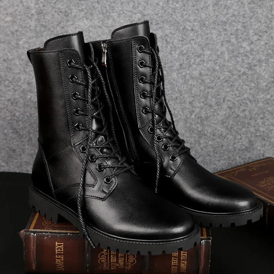 Side Zipper Male Boots Genuine Leather Male Shoes Lace-Up Men Military