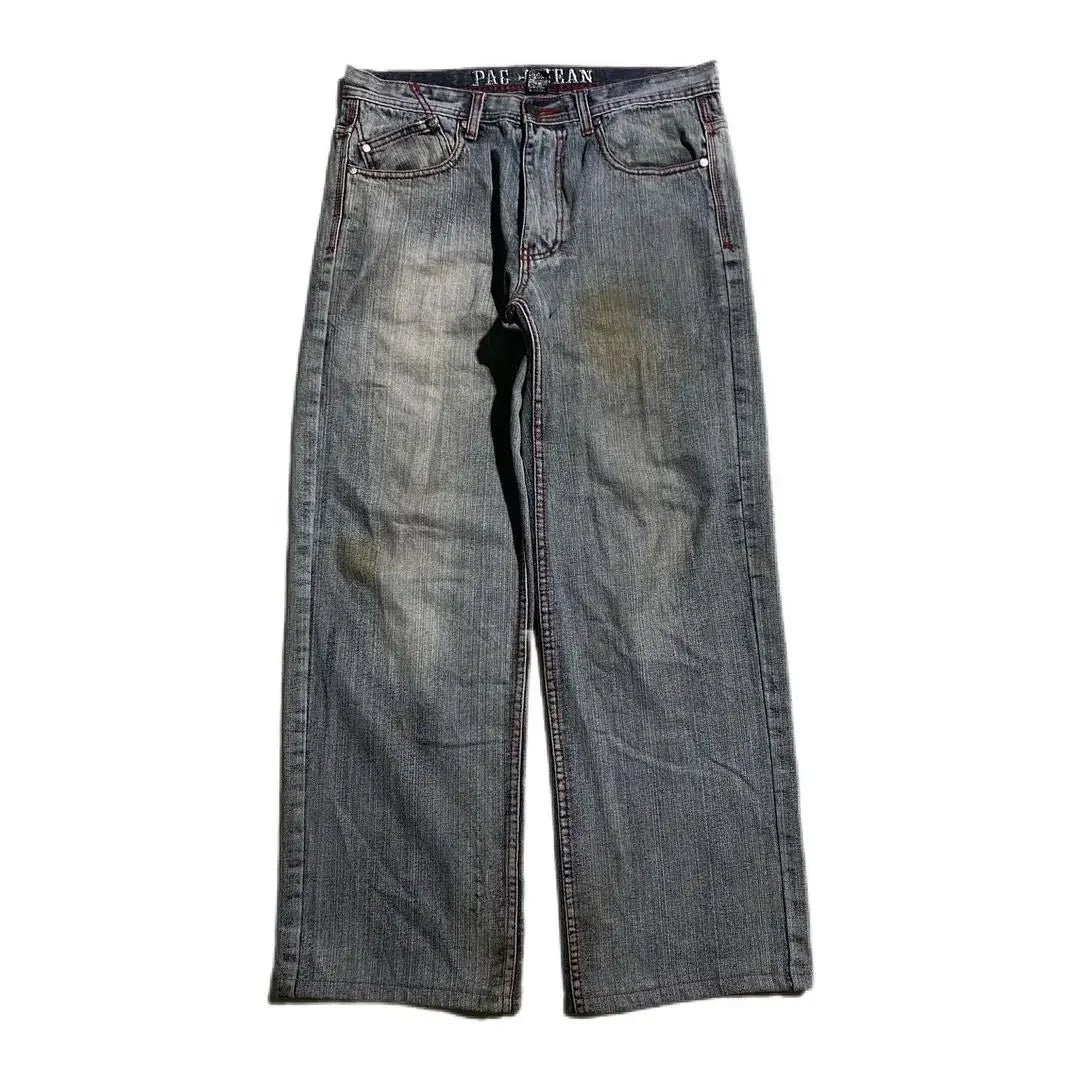 Streetwear Skull Embroidered Baggy Jeans Y2K Gothic Trend Mens Casual