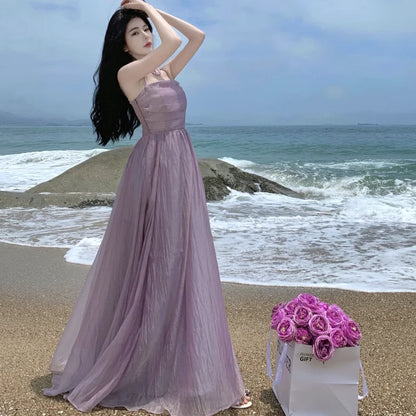 2024 Summer Purple Fairy Evening Party Long Dress Women Vintage Sexy Dresses Ladies Spaghetti Strap Tulle Pleated Dress Backless