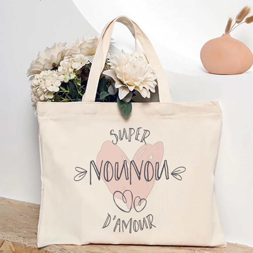 Merci Nounou French Printed Women Shoulder Bag Canvas Tote Bag Female