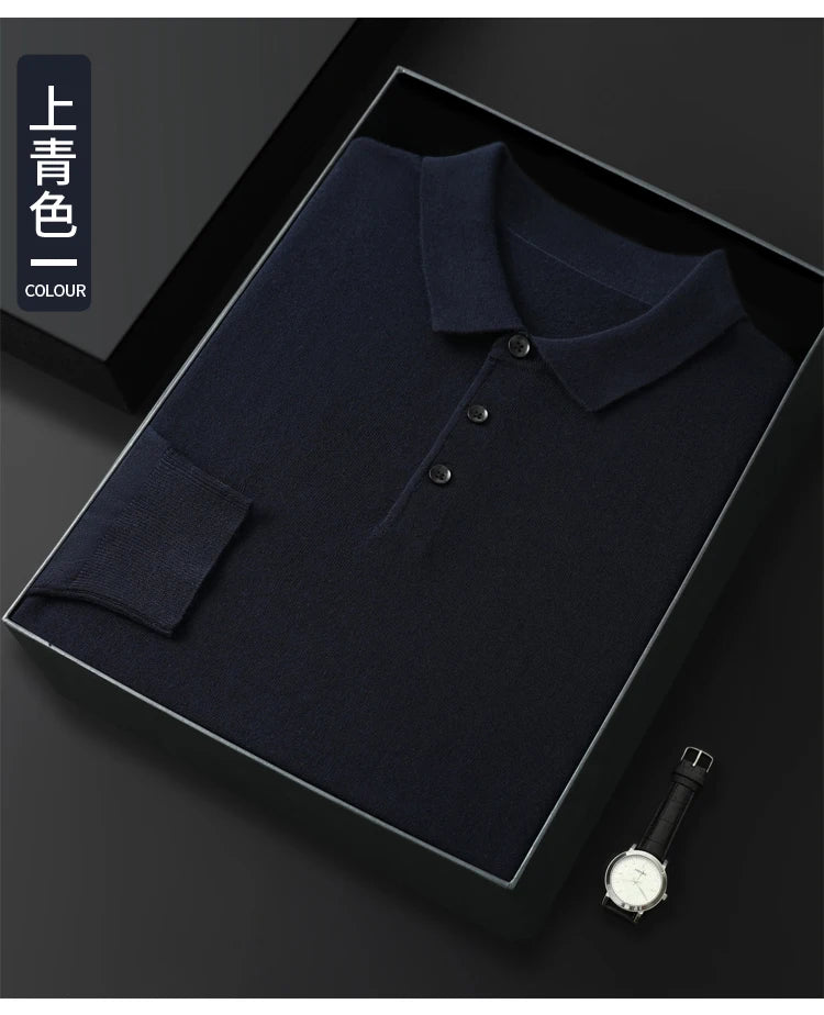Spring Autumn Men Shirt  Merino Worsted Wool Knitted Pullover Long Sleeve Polo-Collar Clothing Tops Smart Casual Thin Outerwears