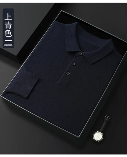 Spring Autumn Men Shirt  Merino Worsted Wool Knitted Pullover Long Sleeve Polo-Collar Clothing Tops Smart Casual Thin Outerwears