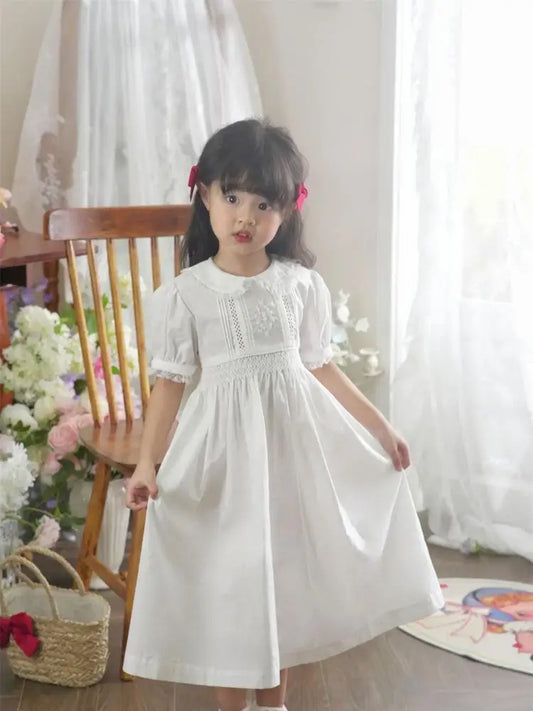 Kids Spanish Dress Girls Hand Made Smocking White Dress Baby Smocked