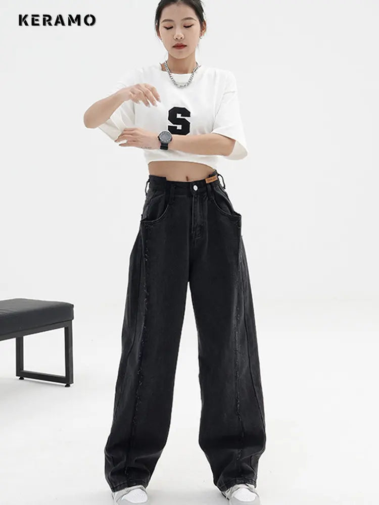 Women Baggy  Long Jeans Harajuku Black Wide Leg Trousers Streetwear