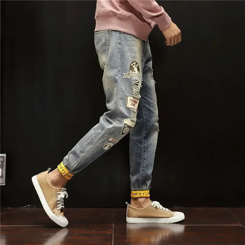 Trousers Broken Ripped Male Cowboy Pants with Holes Jeans for Men Tapered
