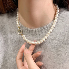 French Elegant Micro Set Zircon Round Buckle Imitation Pearl Beaded Necklace