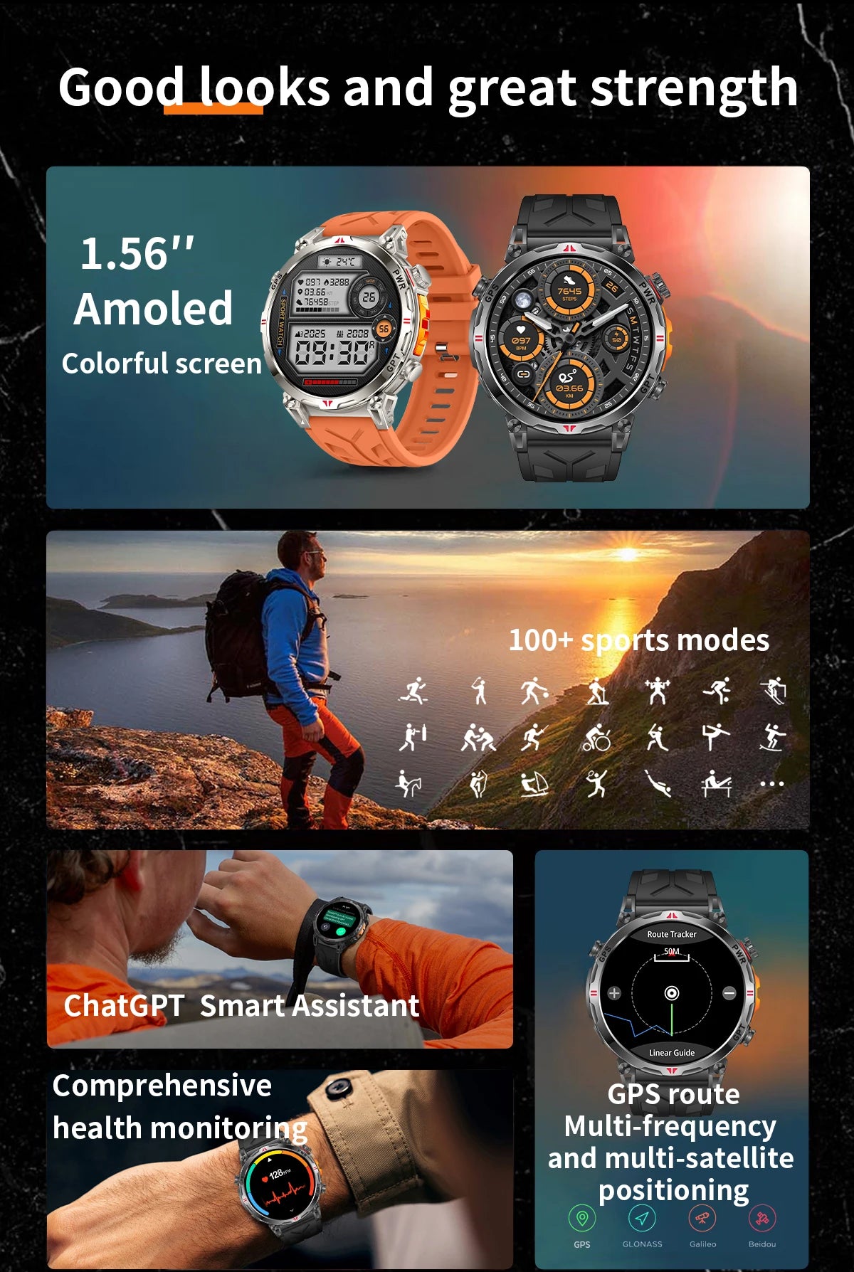 2025New Military GPS Sport Smartwatch Men 650mAh AMOLED Screen Compass Altimeter 10ATM Waterproof Heart Rate Wireless Call Clock