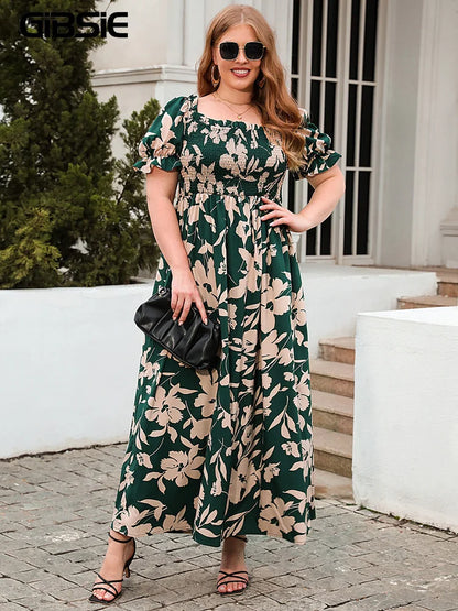 GIBSIE Plus Size Square Neck Floral Print Puff Sleeve Dress Women Summer 2024 Vacation Beach Bohemian Swing Long Maxi Dresses