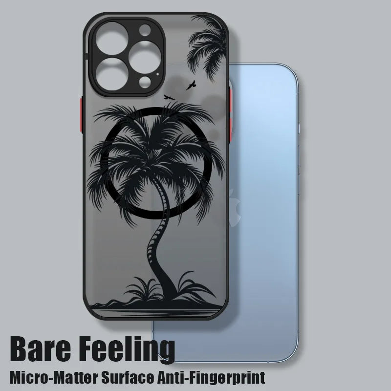 Magnetic Coconut Palm Pattern Case For iPhone 15 14 Pro Max 13 12 11 16 For Magsafe Wireless Charge Matte Hard Back Cover Fundas