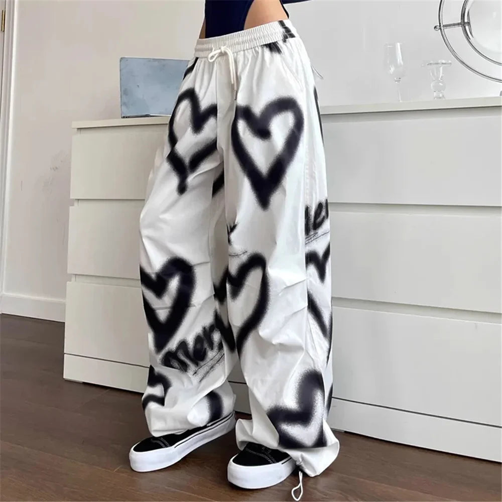 Love Graffiti Wide Leg Pants Women Y2K Elastic High Waist Streetwear Loose Drawstring