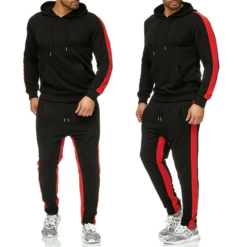 Casual autumn and winter long-sleeved men's 2-piece sports suit color block striped breathable sports suit
