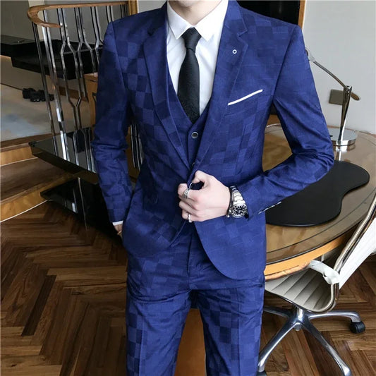 Jacket Pants Vest Men 3 Pieces Slim Casual Suit Trousers Set Male Wedding Groom Dress