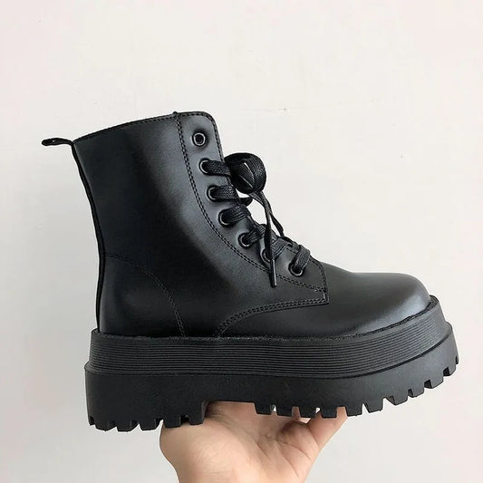 Footwear with Laces Women's Ankle Boots Combat Biker Short Shoes for Woman Lace-up Booties Platform Punk Style Chunky Boot Pu 39