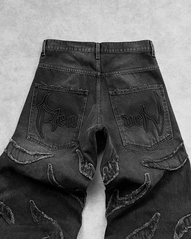 Baggy Jeans for Men Y2k Hip Hop Distressed Retro Black Pants  Oversized Embroidery