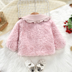 Children's Wear Bow Lapel PU Splice Solid Color Sweet Thickened Coat