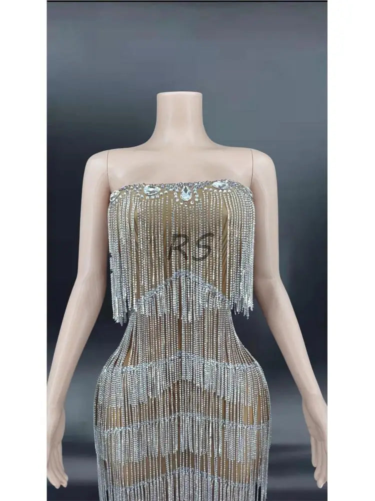 Evening Dresses: Women Silver Fringes Dress Evening Prom Party Birthday
