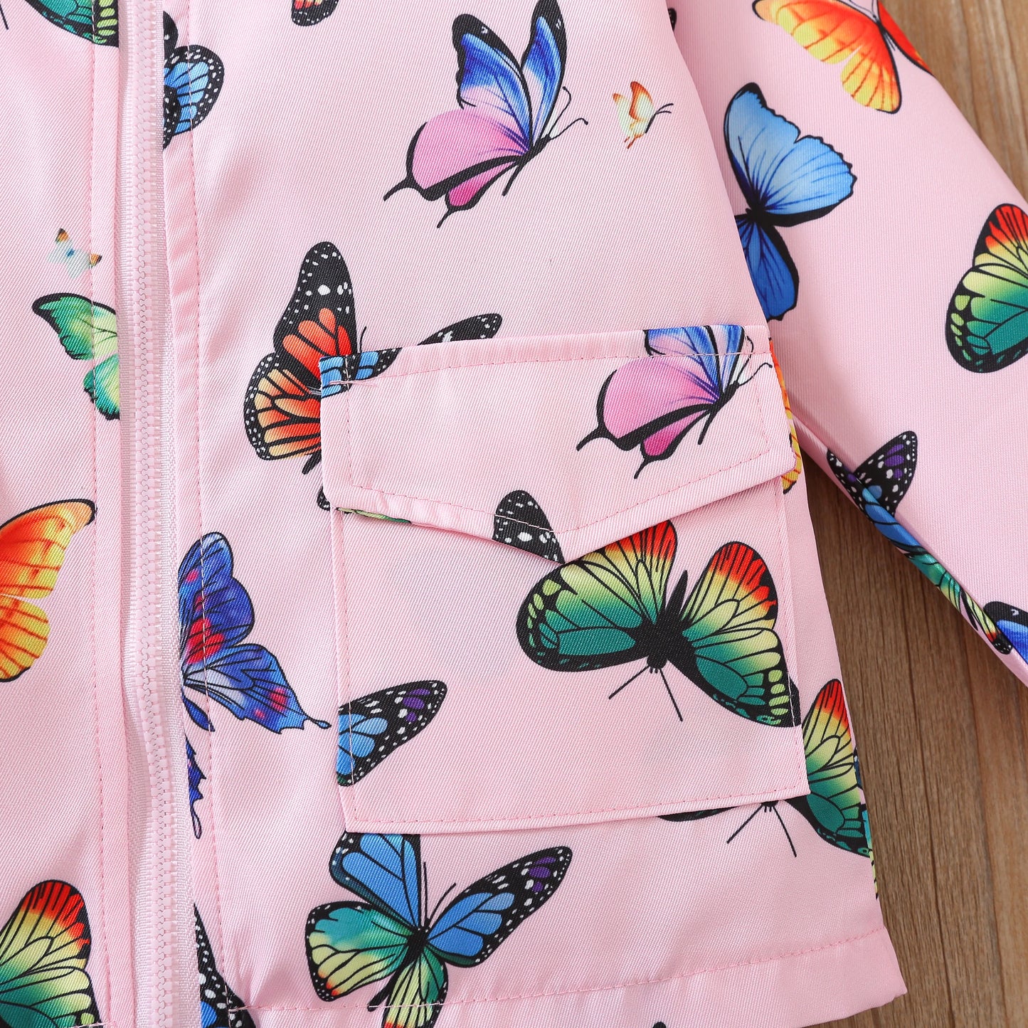 Pink girls autumn sweet jacket full printed butterfly long-sleeved hooded zipper sweater kids daily casual baby girl clothing