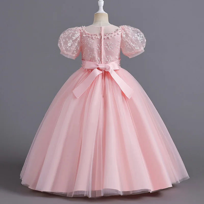 Children's Dress for Girls' 4-12 years old Princess Sequin Bubble Sleeve Long Mesh Flower Girl Wedding Little Summer