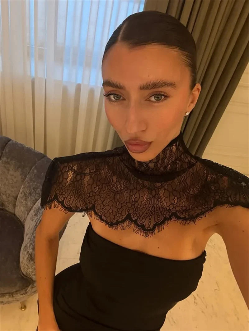 Mozision Lace Backless Sexy Mini Dress Women Gown Elegant See Through Turtleneck Sleeveless Bodycon Club Party Dresses Female