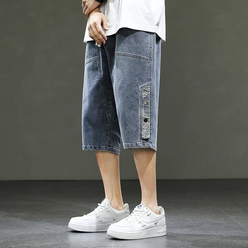 Korean Style Summer Men's Black Wide Leg Denim Shorts New Fashion Casual Baggy Short Jeans Male Plus Size 6XL 8XL YBR602