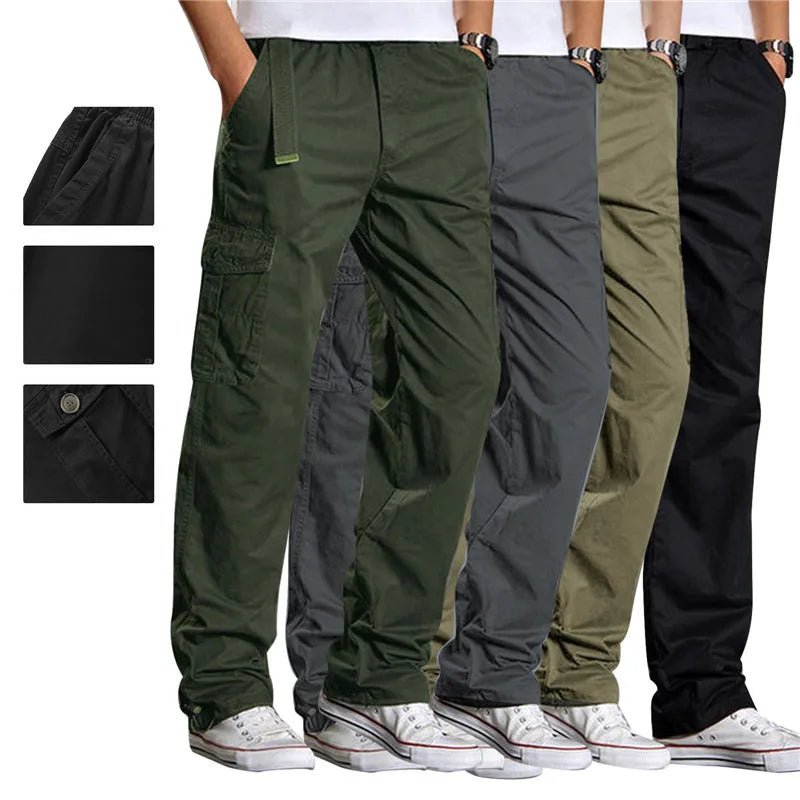 Men's Casual Cargo Cotton Pants Men Pocket Loose Straight Pants Elastic