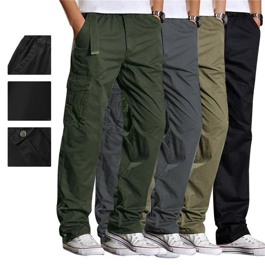 Men's Casual Cargo Cotton Pants Men Pocket Loose Straight Pants Elastic