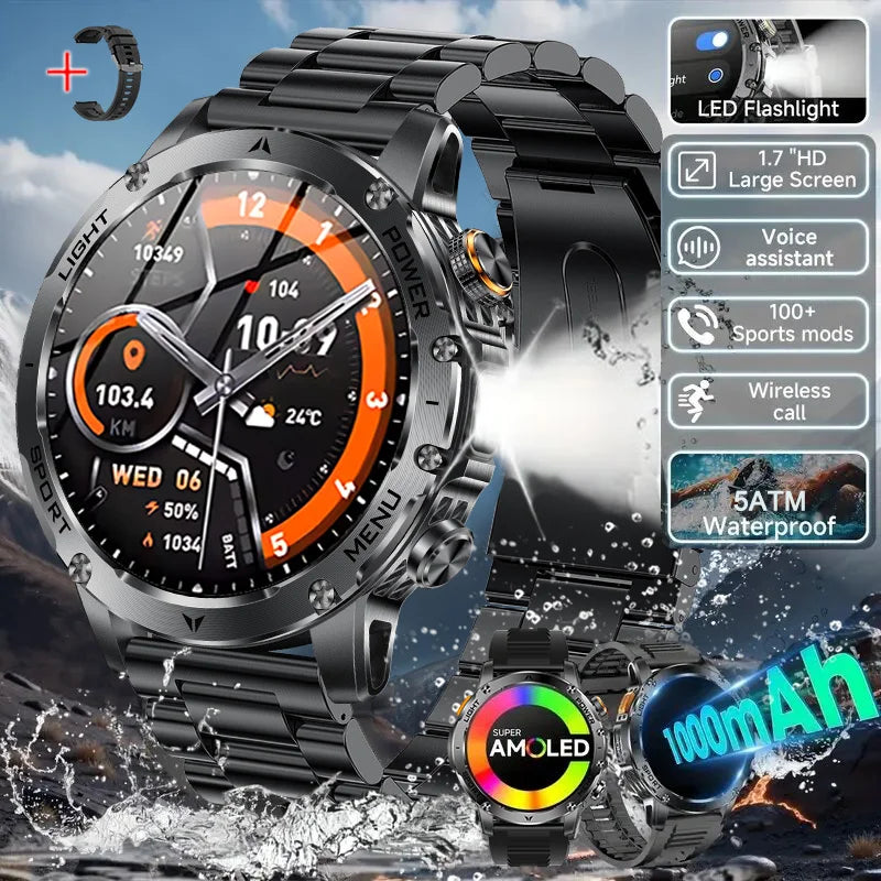 2025 New GPS Outdoor Sports Smart Watch Men AMOLED Screen NFC Flashlight Heart rate Waterproof Bluetooth Call 1000mAh SmartWatch