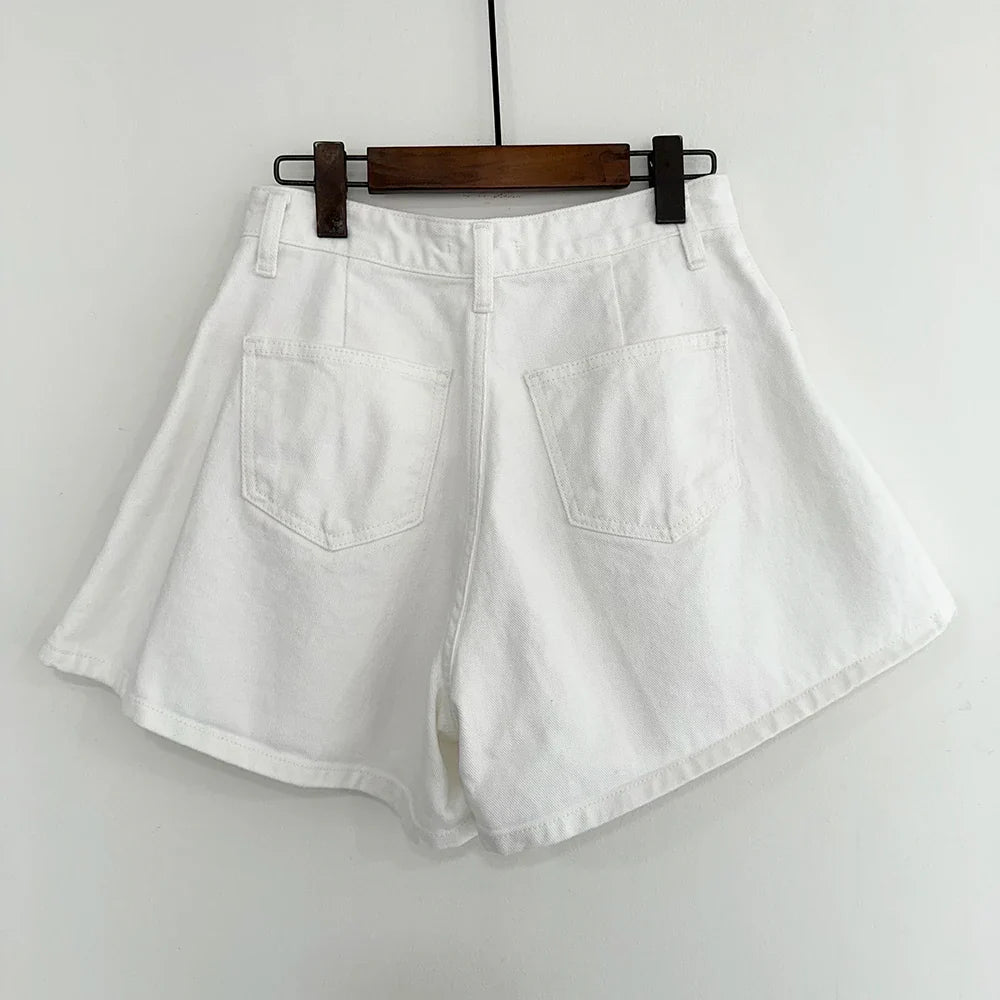 REALEFT Summer Washed High Waist Women's A-line Denim Shorts Pocket White 2025 New Casual Loose Wide Leg Jeans Shorts Female
