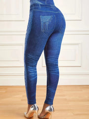 Plus Size High Waist Faux Denim Jean Leggings Slim Elastic Seamless Skinny Pencil Pant