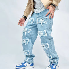 Men Ripped Patch Hip Hop Loose Jeans Pants Streetwear