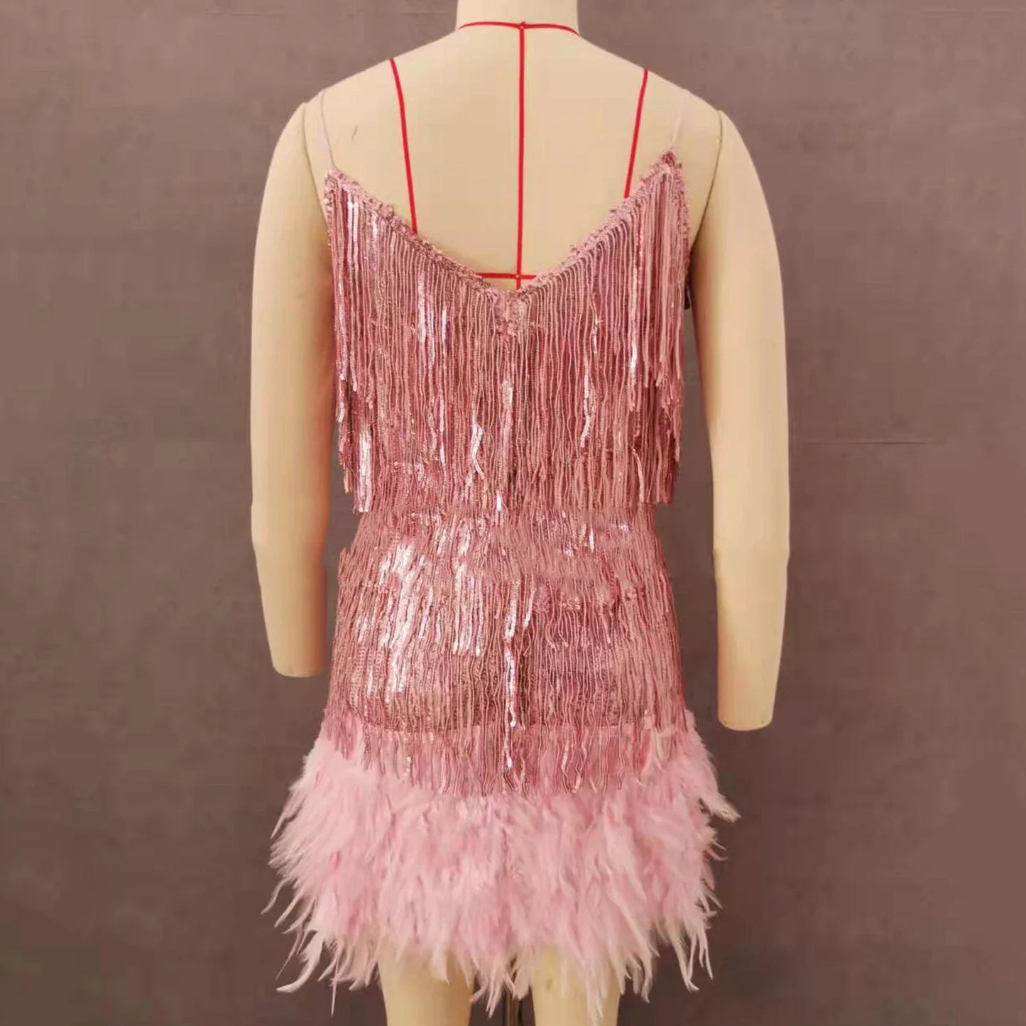 Chic  Elegant Dress Stretchy Tassel Sequins Decor Sexy Bodycon Mini Dress Pure Colors Above Knee Summer Dress Club Wear