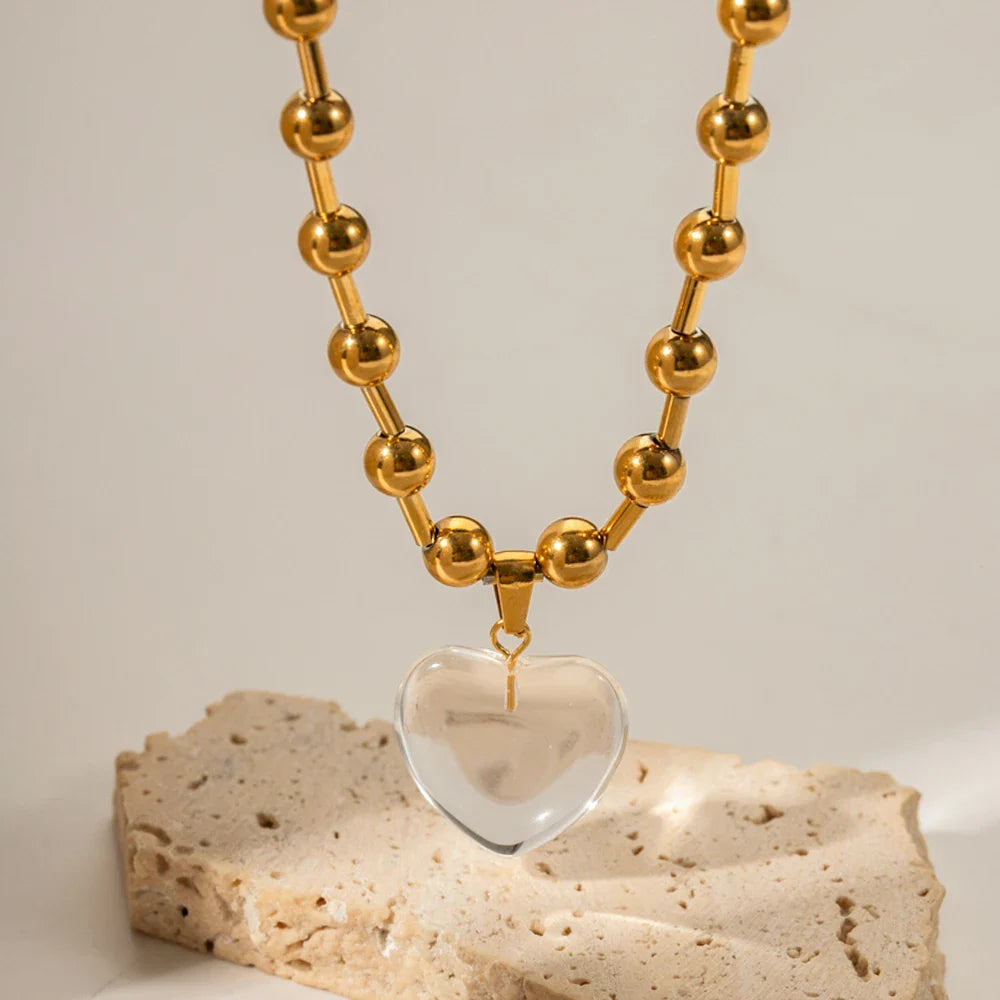 Youthway Delicate Clear Glass Heart Stainless Steel Necklace Bracelet Set Waterproof Golden Trendy Jewelry Boucle Oreille Femme