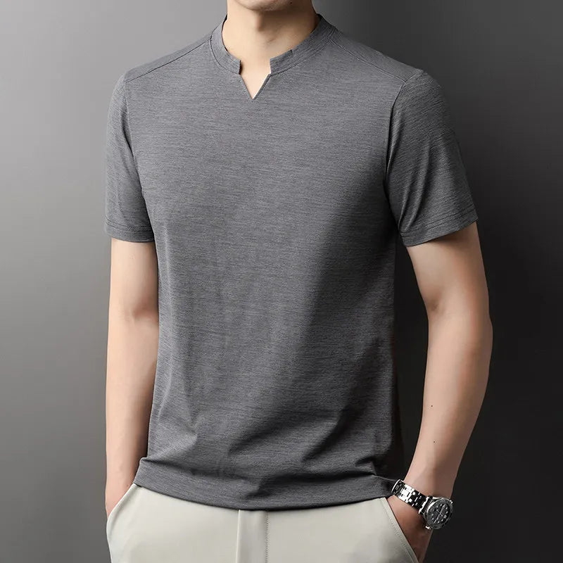 Korean Men's Casual and Fashionable Small V-neck Solid Color Short Sleeved T-shirt Comfortable Summer Versatile Top
