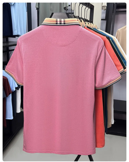 High end silky cotton breathable short sleeve polo shirt men's summer new trend plaid lapel designer brand casual golf T-shirt