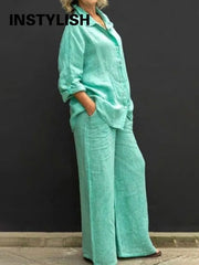 Linen Lapel Two Pieces Set Autumn Vintage Solid Color Long Sleeve Button Shirt