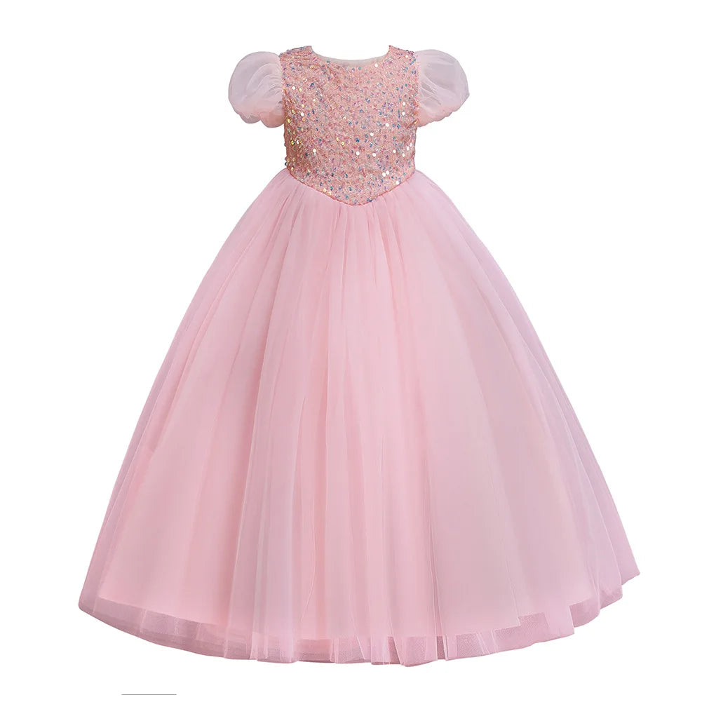Girls Dress Color Mesh Dress Long Sequin Children's Skirt Girls Piano Host Costumes