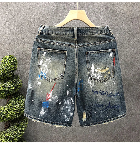 Men's Short Jeans Hip Hop Ripped Multi Color Male Denim Shorts Graphic
