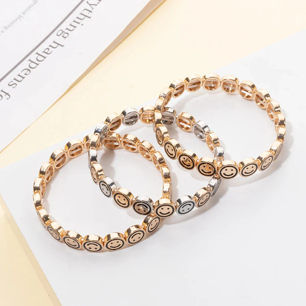 2024 New Happy Bangle Paved Diamond Enamel Beaded Bracelets For Women Boho Gold Color Elastic Bracelets
