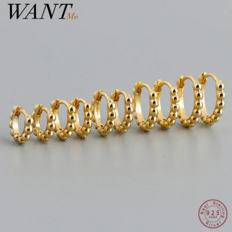 WANTME 925 Sterling Silver Simple Fashion Glossy Beads Gold Huggies Hoop Earrings for Women Gothic Piercing Jewelry Accessories