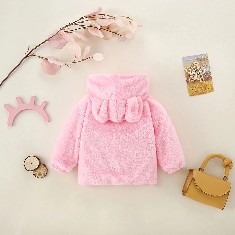 Autumn and Winter Girls' Plush Coat Foreign Trade Ear Hooded Solid Color Zipper Versatile European and American Jacket